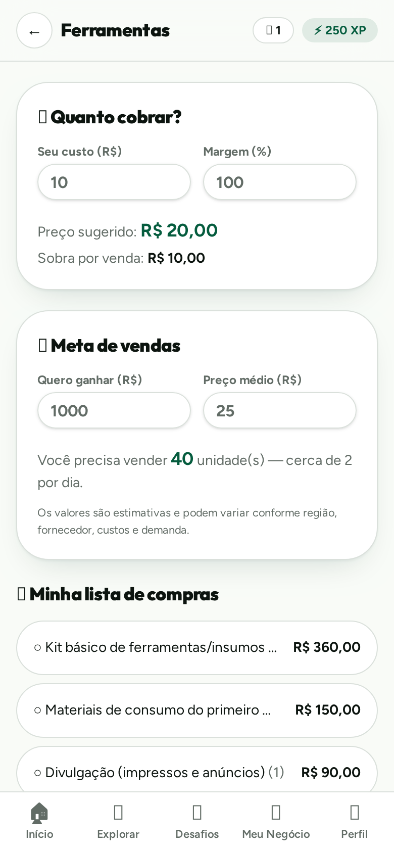 Calculadoras de custo, preço e meta do BORAFAZER