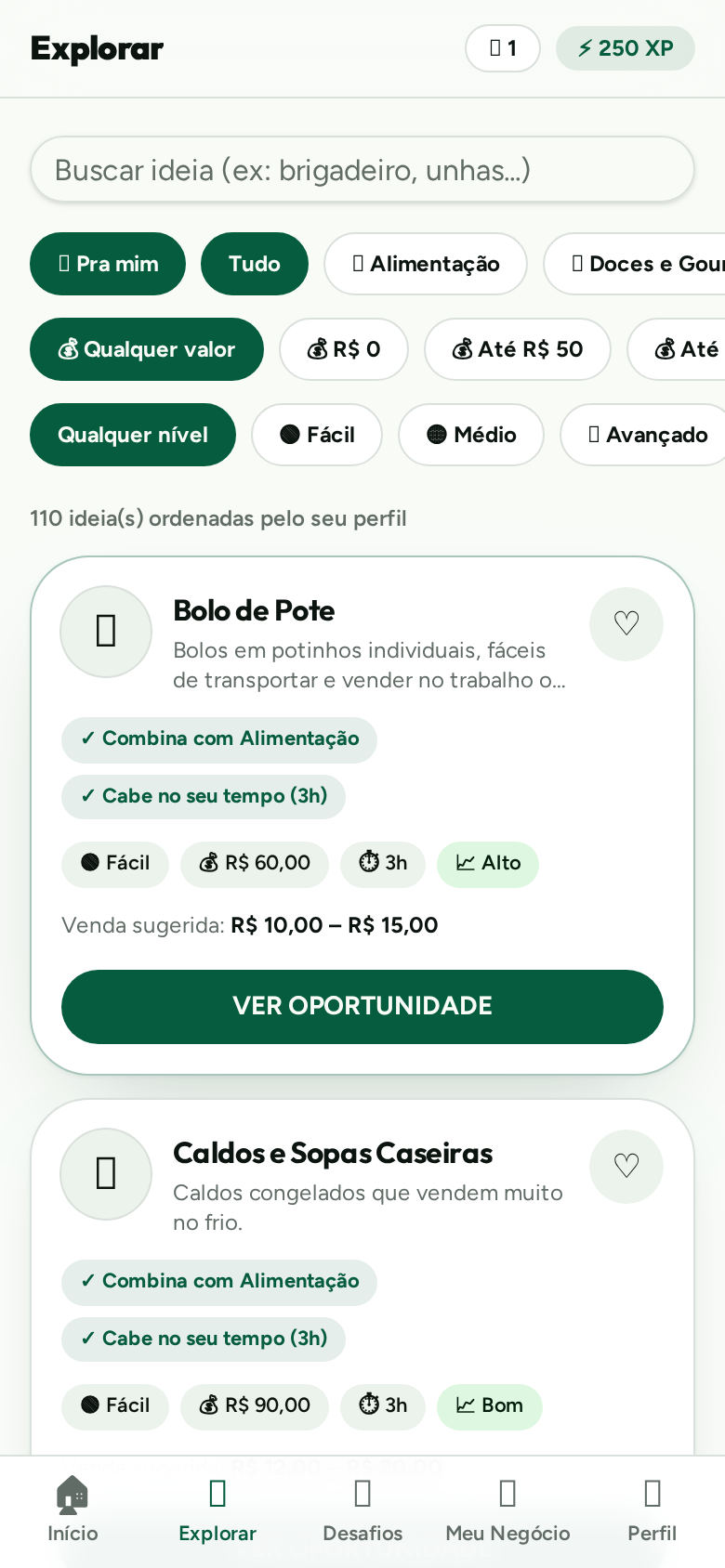 Tela de exploração com filtros e cards de oportunidades
